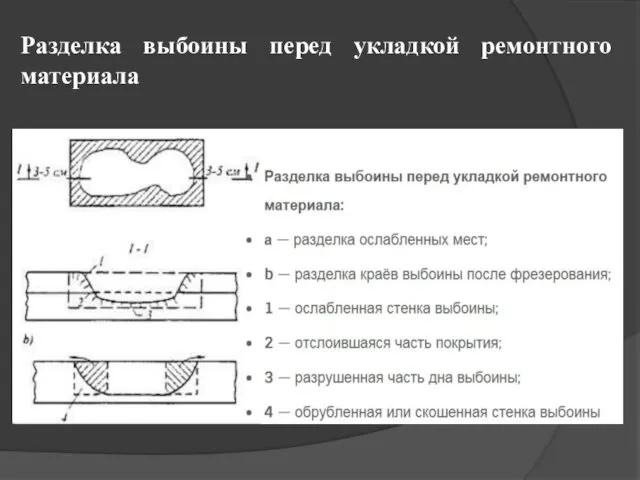 Разделка выбоины перед укладкой ремонтного материала