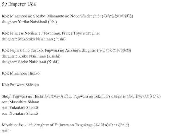 59 Emperor Uda Kōi: Minamoto no Sadako, Minamoto no Noboru’s daughter