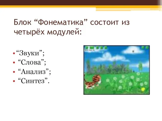 Блок “Фонематика” состоит из четырёх модулей: “Звуки”; “Слова”; “Анализ”; “Синтез”.