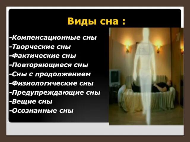 Виды сна : -Компенсационные сны -Творческие сны -Фактические сны -Повторяющиеся сны