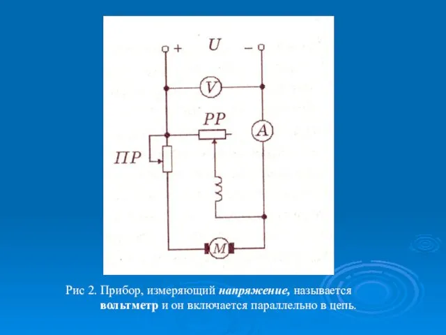 Рис 2. Прибор, измеряющий напряжение, называется вольтметр и он включается параллельно в цепь.