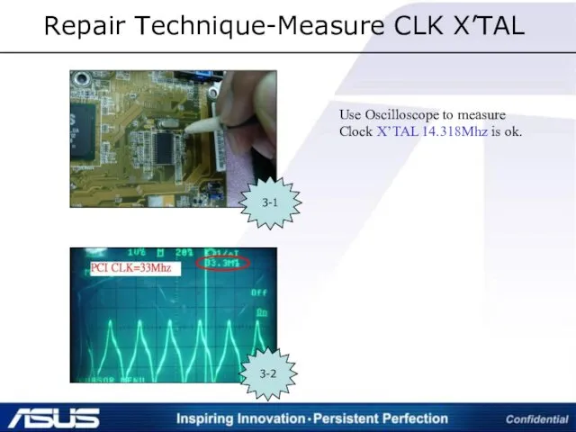 Repair Technique-Measure CLK X’TAL 3-1 3-2 Use Oscilloscope to measure Clock X’TAL 14.318Mhz is ok.