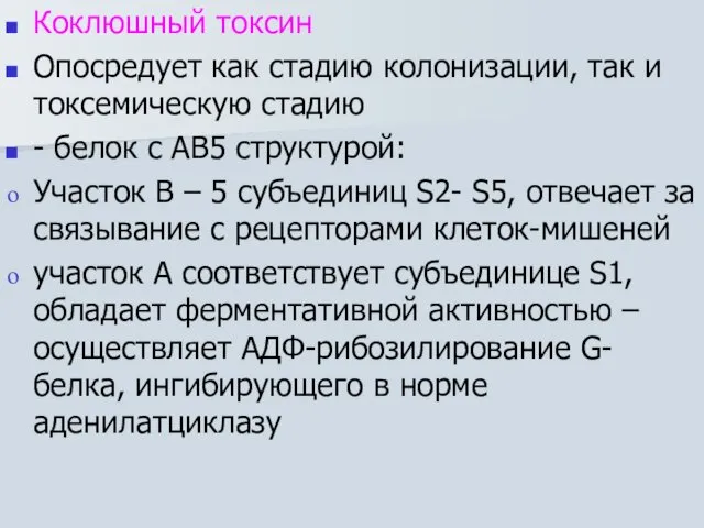 Коклюшный токсин Опосредует как стадию колонизации, так и токсемическую стадию -