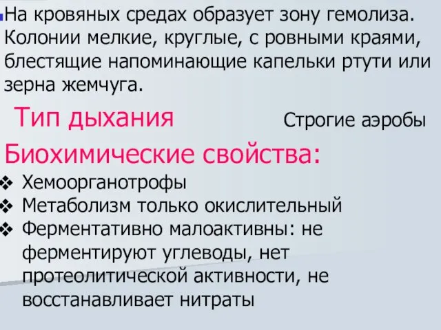 На кровяных средах образует зону гемолиза. Колонии мелкие, круглые, с ровными