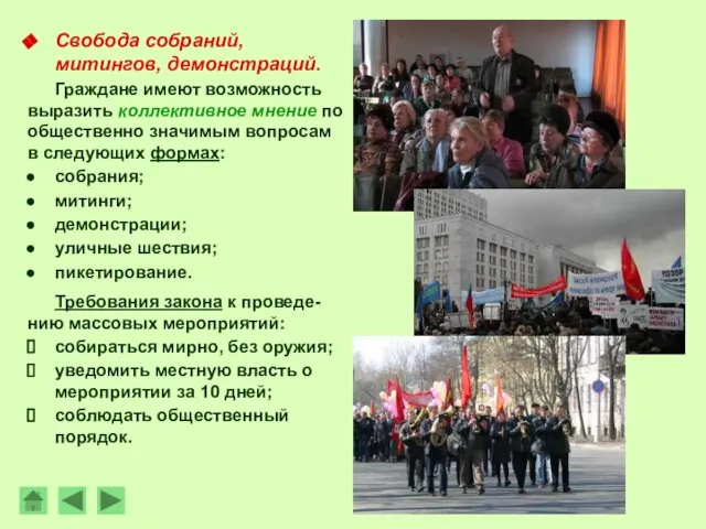 Свобода собраний, митингов, демонстраций. Граждане имеют возможность выразить коллективное мнение по