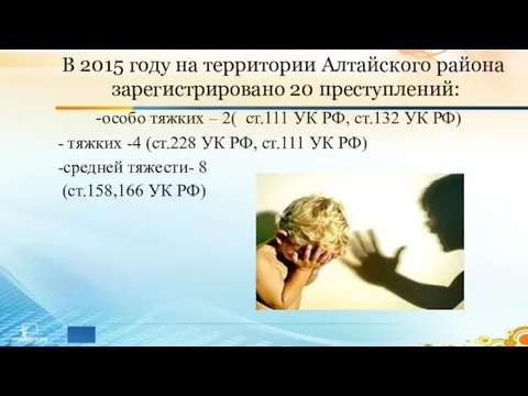 В 2015 году на территории Алтайского района зарегистрировано 20 преступлений: -особо