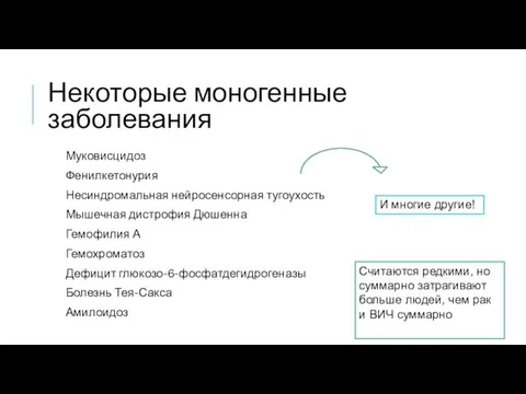 Некоторые моногенные заболевания Муковисцидоз Фенилкетонурия Несиндромальная нейросенсорная тугоухость Мышечная дистрофия Дюшенна