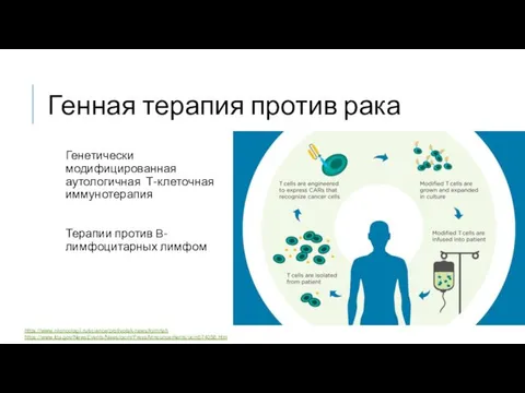 Генная терапия против рака Генетически модифицированная аутологичная Т-клеточная иммунотерапия Терапии против B-лимфоцитарных лимфом https://www.niioncologii.ru/science/protivorak-news/kymriah https://www.fda.gov/NewsEvents/Newsroom/PressAnnouncements/ucm574058.htm