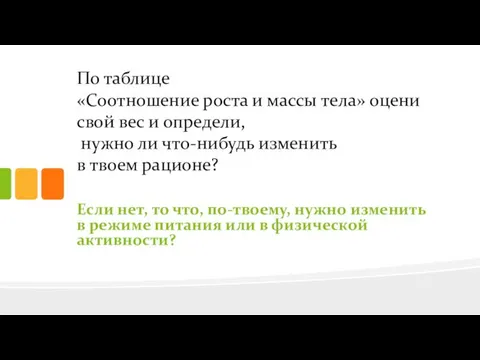 По таблице «Соотношение роста и массы тела» оцени свой вес и