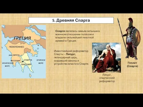 5. Древняя Спарта Гоплит (Спарта) Спарта являлась самым сильным в военном