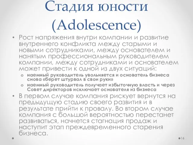 Стадия юности (Adolescence) Рост напряжения внутри компании и развитие внутреннего конфликта