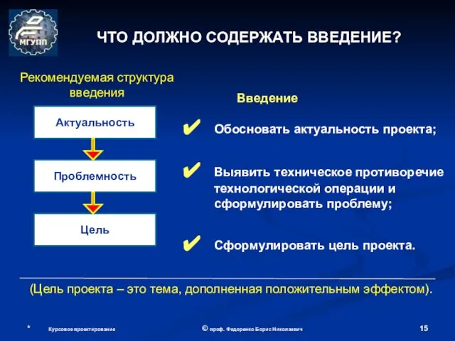 * Курсовое проектирование © проф. Федоренко Борис Николаевич Введение Обосновать актуальность