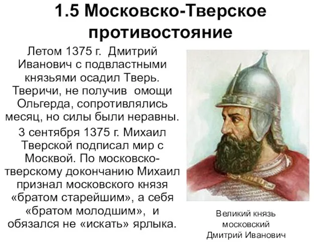 1.5 Московско-Тверское противостояние Летом 1375 г. Дмитрий Иванович с подвластными князьями