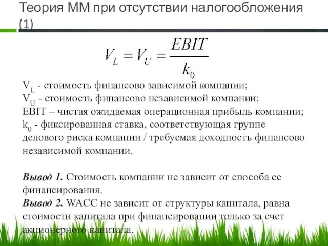 Теория ММ при отсутствии налогообложения (1) VL - стоимость финансово зависимой