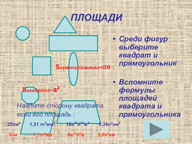 ПЛОЩАДИ Среди фигур выберите квадрат и прямоугольник Вспомните формулы площадей квадрата