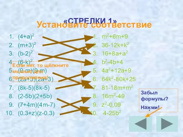 «СТРЕЛКИ 1» (4+а)2 (m+3)2 (b-2)2 (6-k)2 (9-m)(9-m) (2a+3)(2a+3) (8k-5)(8k-5) (2-5b)(2+5b) (7+4m)(4m-7)