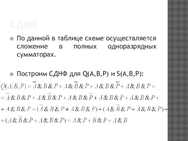 СДНФ По данной в таблице схеме осуществляется сложение в полных одноразрядных