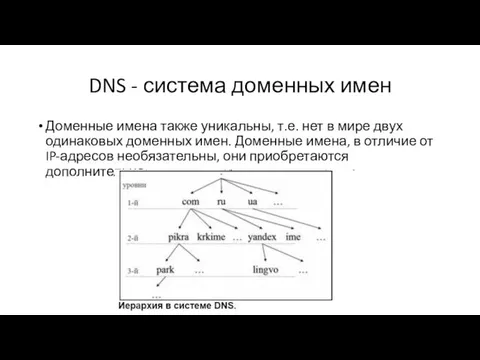 DNS - система доменных имен Доменные имена также уникальны, т.е. нет