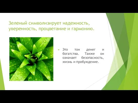 Зеленый символизирует надежность, уверенность, процветание и гармонию. Это тон денег и