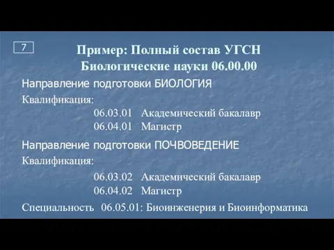 7 Пример: Полный состав УГСН Биологические науки 06.00.00 Направление подготовки БИОЛОГИЯ