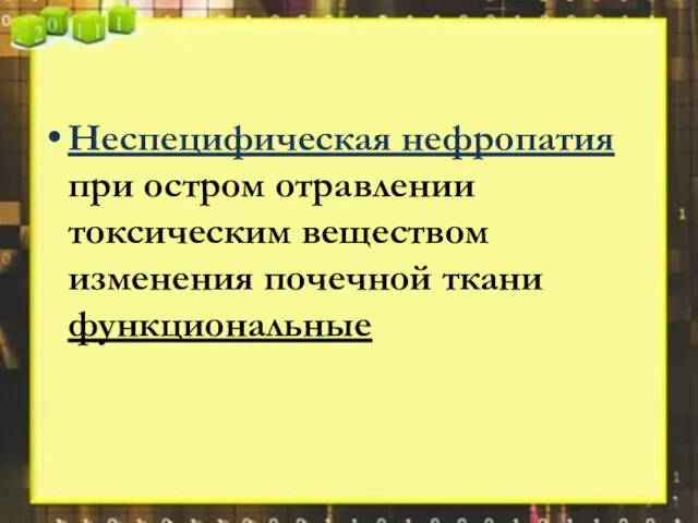 Неспецифическая нефропатия при остром отравлении токсическим веществом изменения почечной ткани функциональные