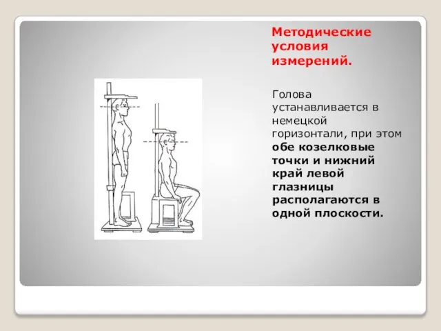 Методические условия измерений. Голова устанавливается в немецкой горизонтали, при этом обе