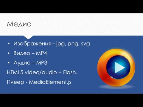 Медиа Изображения – jpg, png, svg Видео – MP4 Аудио –