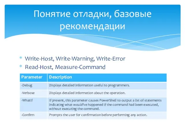 Write-Host, Write-Warning, Write-Error Read-Host, Measure-Command Понятие отладки, базовые рекомендации