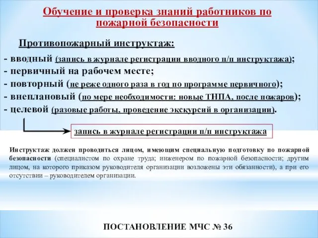 Обучение и проверка знаний работников по пожарной безопасности Противопожарный инструктаж: вводный