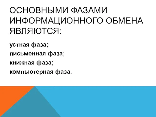 ОСНОВНЫМИ ФАЗАМИ ИНФОРМАЦИОННОГО ОБМЕНА ЯВЛЯЮТСЯ: устная фаза; письменная фаза; книжная фаза; компьютерная фаза.