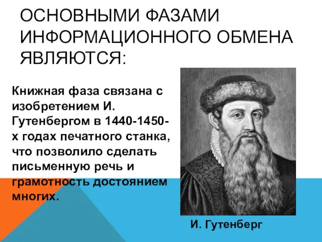 Книжная фаза связана с изобретением И. Гутенбергом в 1440-1450-х годах печатного