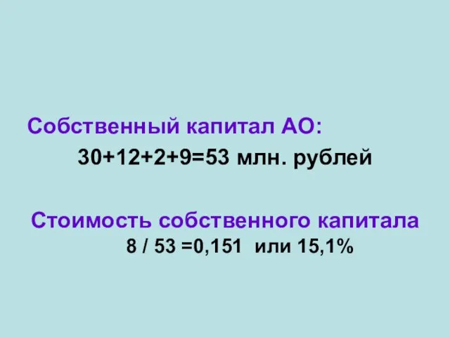 Собственный капитал АО: 30+12+2+9=53 млн. рублей Стоимость собственного капитала 8 / 53 =0,151 или 15,1%