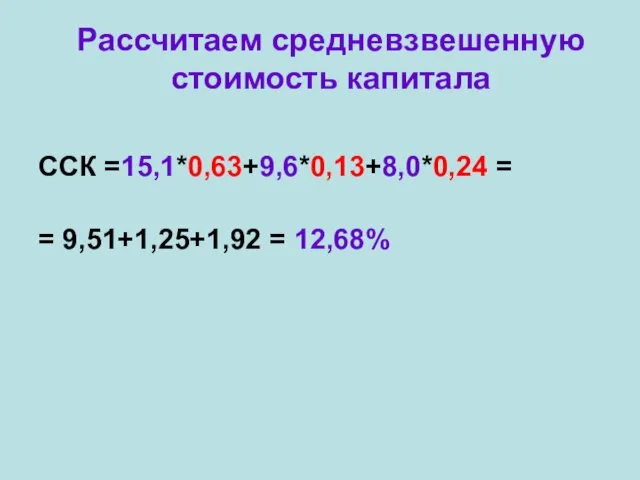 Рассчитаем средневзвешенную стоимость капитала ССК =15,1*0,63+9,6*0,13+8,0*0,24 = = 9,51+1,25+1,92 = 12,68%