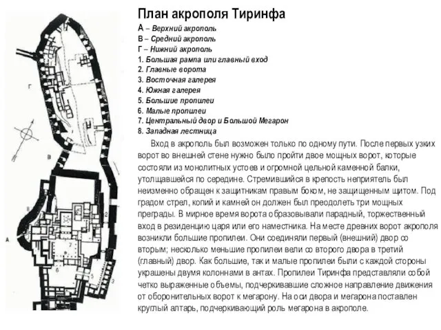 План акрополя Тиринфа А – Верхний акрополь В – Средний акрополь
