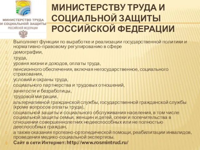 МИНИСТЕРСТВУ ТРУДА И СОЦИАЛЬНОЙ ЗАЩИТЫ РОССИЙСКОЙ ФЕДЕРАЦИИ Выполняет функции по выработке