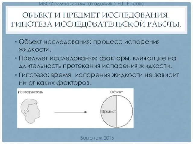 ОБЪЕКТ И ПРЕДМЕТ ИССЛЕДОВАНИЯ. ГИПОТЕЗА ИССЛЕДОВАТЕЛЬСКОЙ РАБОТЫ. Объект исследования: процесс испарения