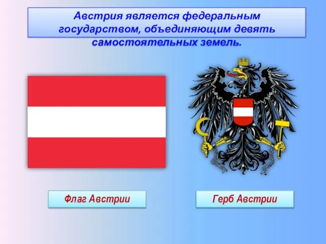 Флаг Австрии Герб Австрии Австрия является федеральным государством, объединяющим девять самостоятельных земель.