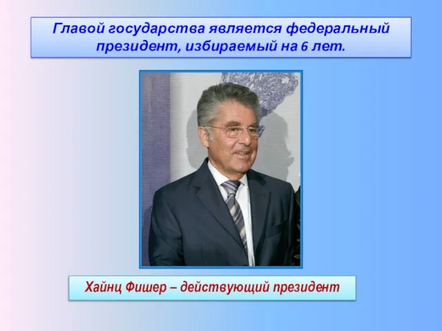 Хайнц Фишер – действующий президент Главой государства является федеральный президент, избираемый на 6 лет.