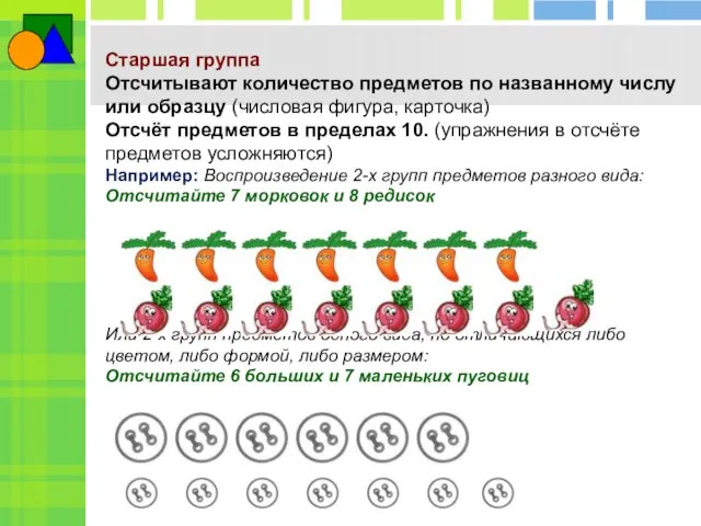 Старшая группа Отсчитывают количество предметов по названному числу или образцу (числовая