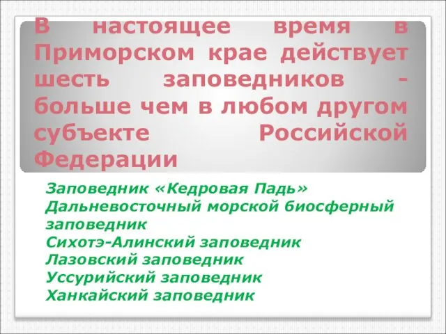 В настоящее время в Приморском крае действует шесть заповедников - больше