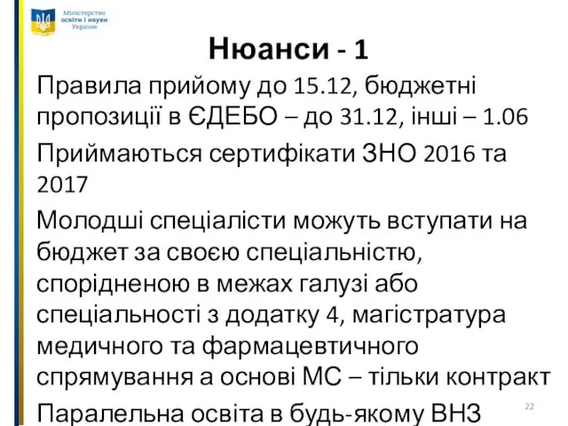 Нюанси - 1 Правила прийому до 15.12, бюджетні пропозиції в ЄДЕБО