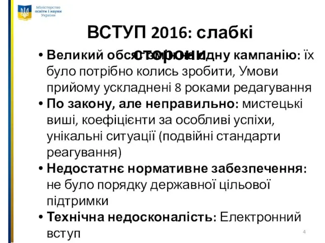 ВСТУП 2016: слабкі сторони Великий обсяг змін на одну кампанію: їх