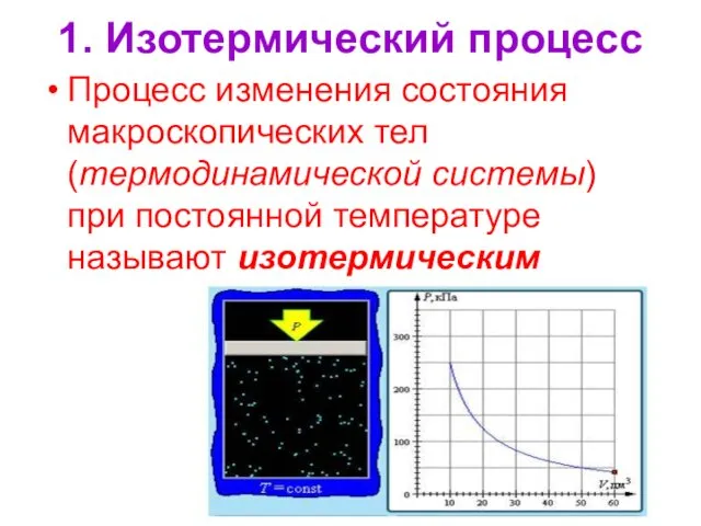 1. Изотермический процесс Процесс изменения состояния макроскопических тел (термодинамической системы) при постоянной температуре называют изотермическим