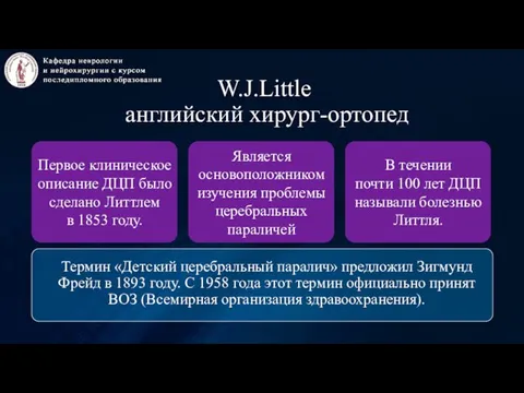 W.J.Little английский хирург-ортопед Является основоположником изучения проблемы церебральных параличей В течении