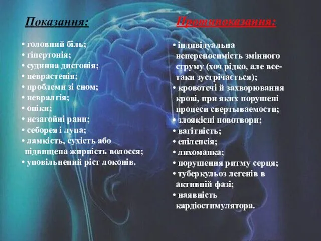 Показання: Протипоказання: індивідуальна непереносимість змінного струму (хоч рідко, але все-таки зустрічається);