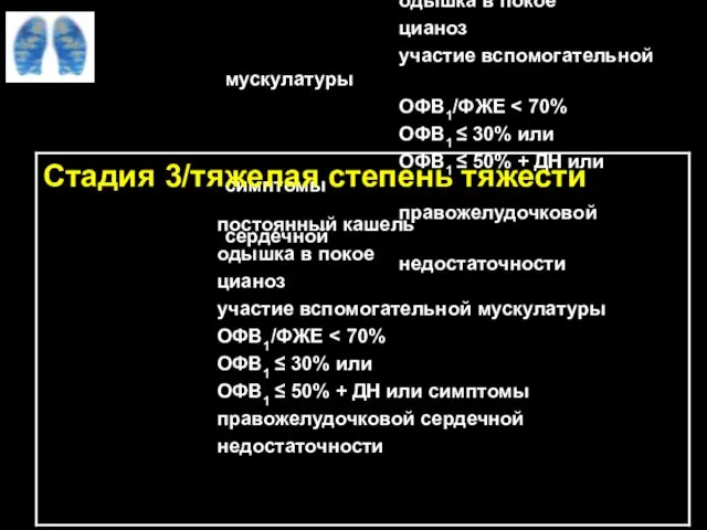 Стадия 3/тяжелая степень тяжести постоянный кашель одышка в покое цианоз участие