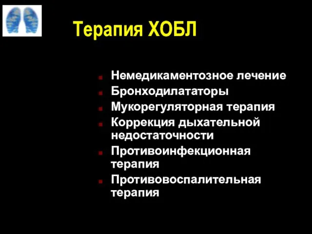 Терапия ХОБЛ Немедикаментозное лечение Бронходилататоры Мукорегуляторная терапия Коррекция дыхательной недостаточности Противоинфекционная терапия Противовоспалительная терапия