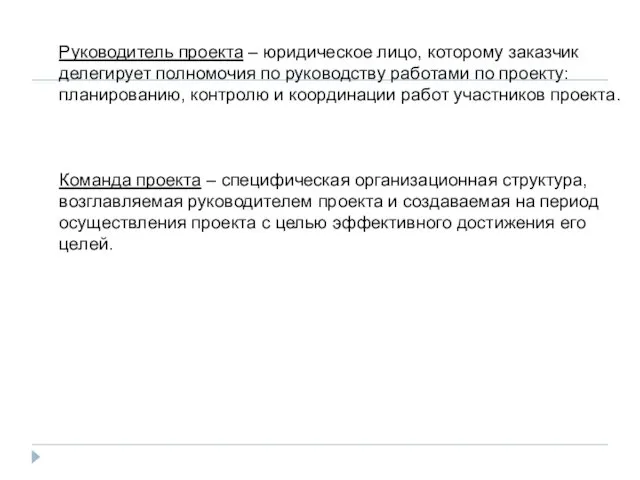 Руководитель проекта – юридическое лицо, которому заказчик делегирует полномочия по руководству