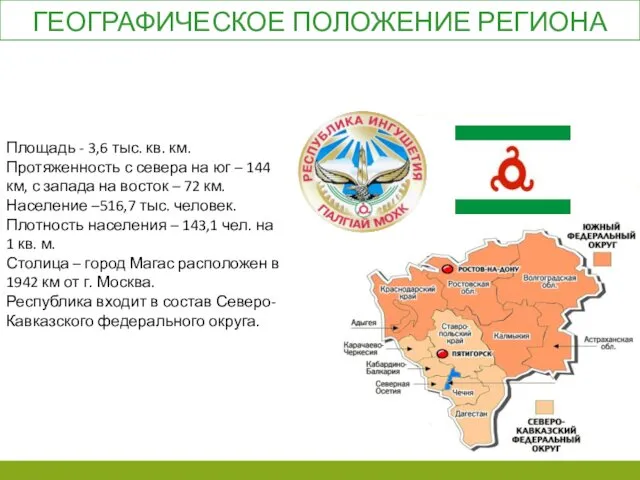 ГЕОГРАФИЧЕСКОЕ ПОЛОЖЕНИЕ РЕГИОНА Площадь - 3,6 тыс. кв. км. Протяженность с