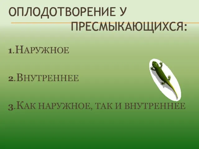 ОПЛОДОТВОРЕНИЕ У ПРЕСМЫКАЮЩИХСЯ: 1.НАРУЖНОЕ 2.ВНУТРЕННЕЕ 3.КАК НАРУЖНОЕ, ТАК И ВНУТРЕННЕЕ